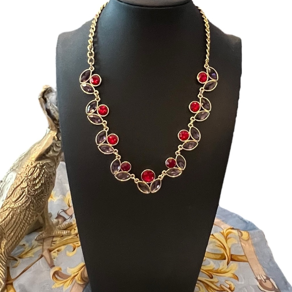 Liz Claiborne Statement Necklace Signed Red Purple Stone Flowers‎ Gold Tone 20” - Picture 3 of 14